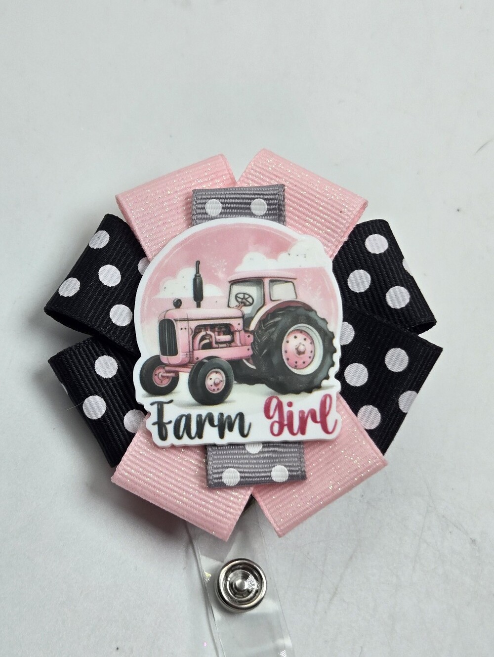 OOAK Handmade Pink Farm Girl Badge Reel Tractor Cowgirl Name Tag Holder Nurse